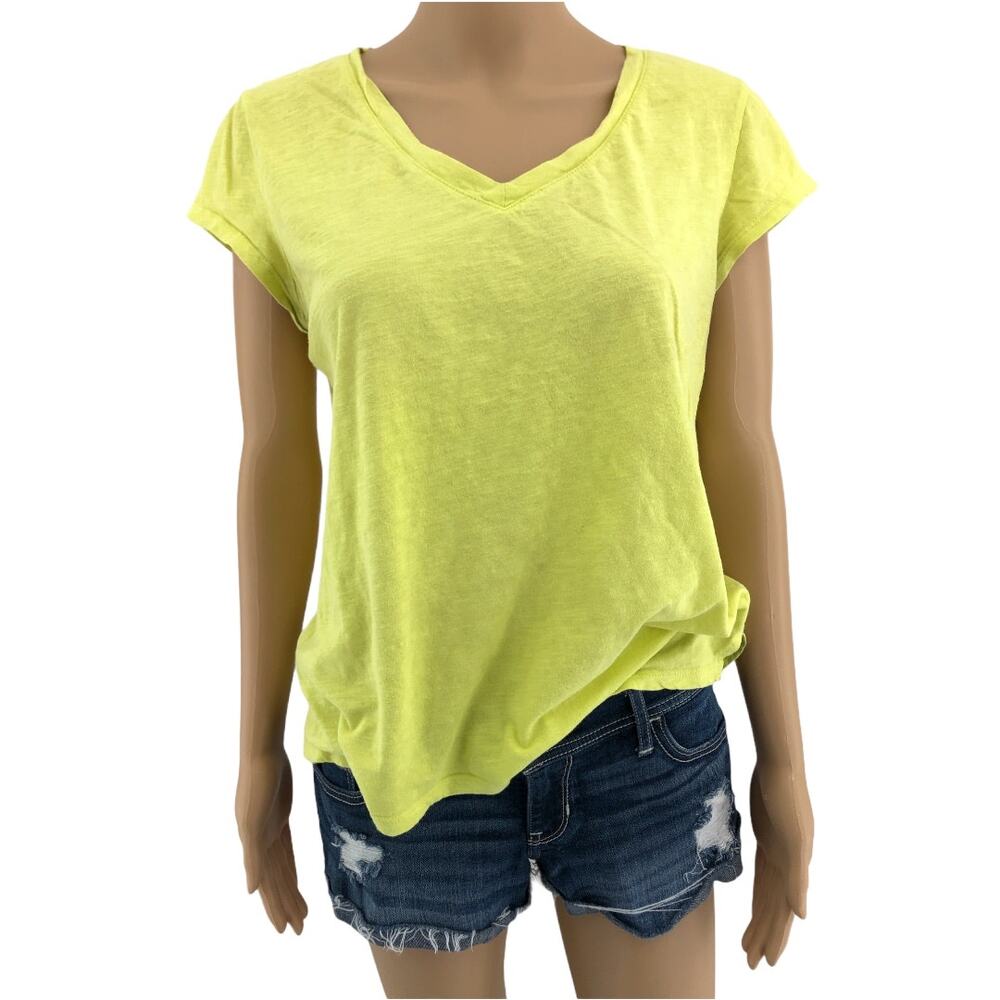ANA A New Approach LARGE Petite Neon Yellow Burnout V Neck Basic Tee Shirt